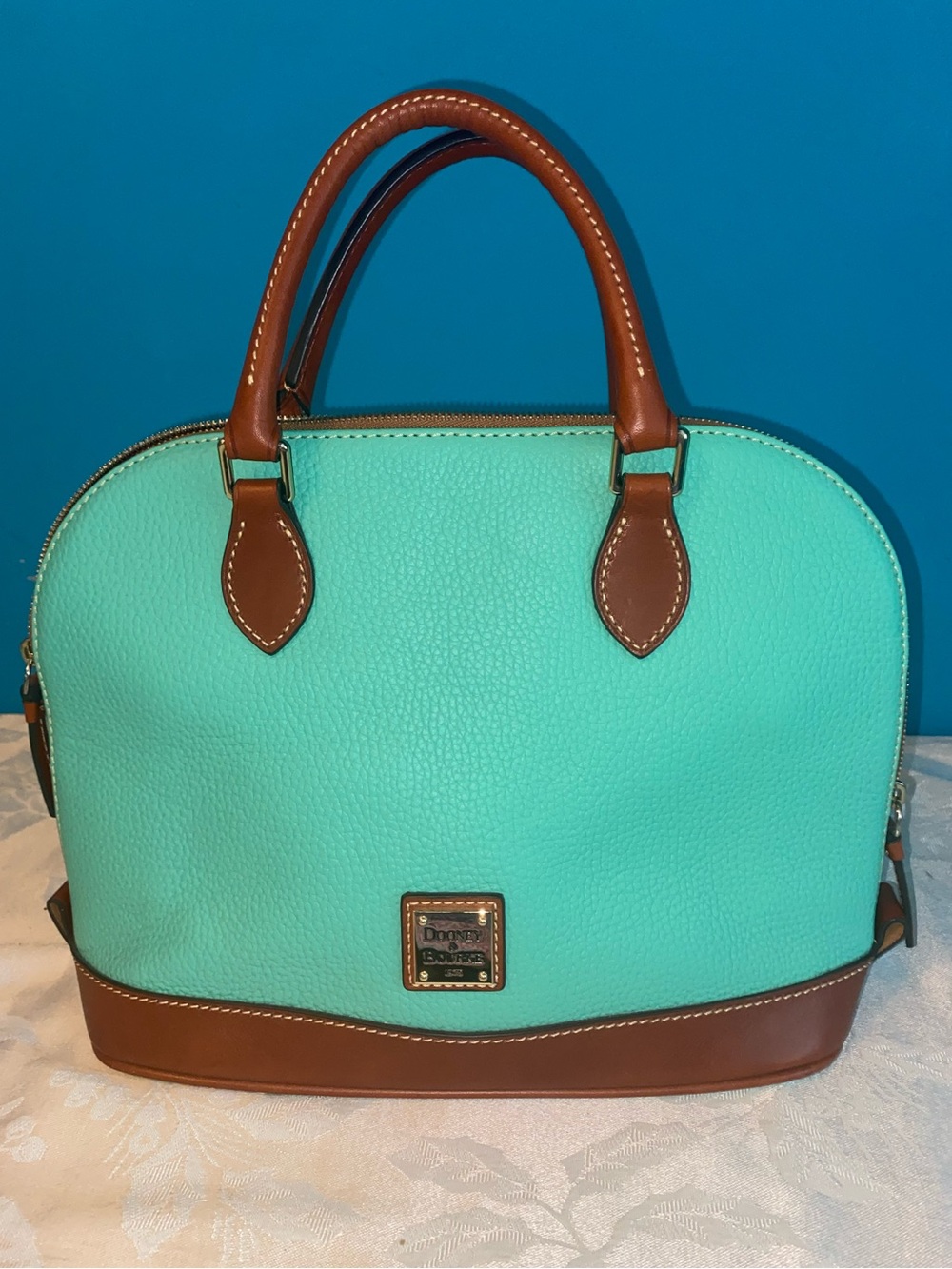 Dooney & Bourke Zip Zip Satchel Teal with Brown Leather